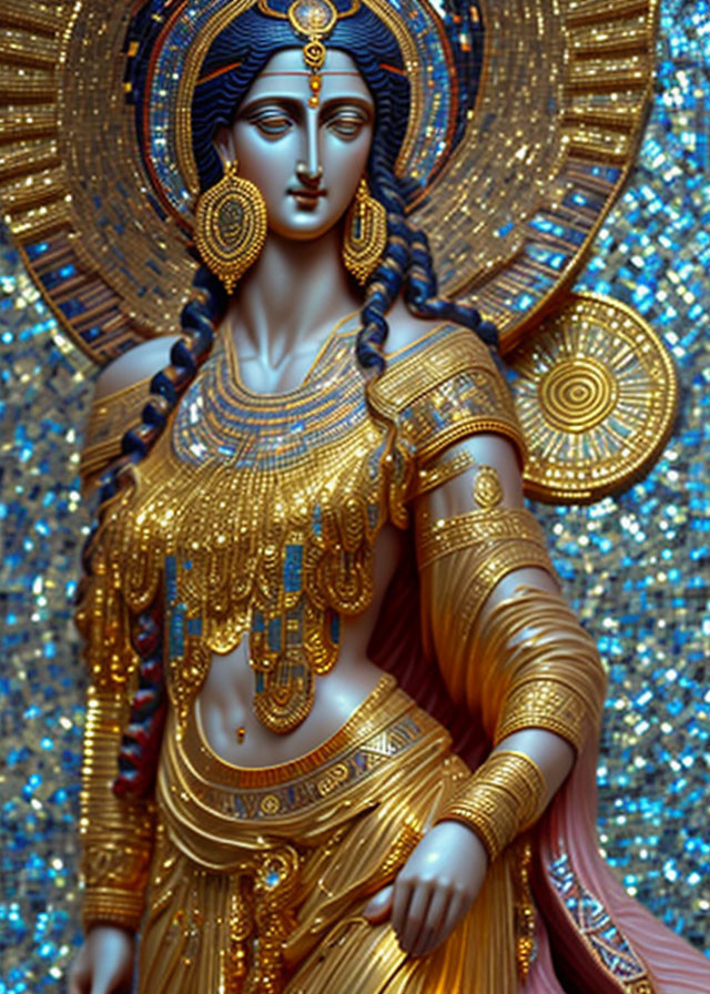 Ornate gold jewelry adorns blue-skinned Hindu goddess statue