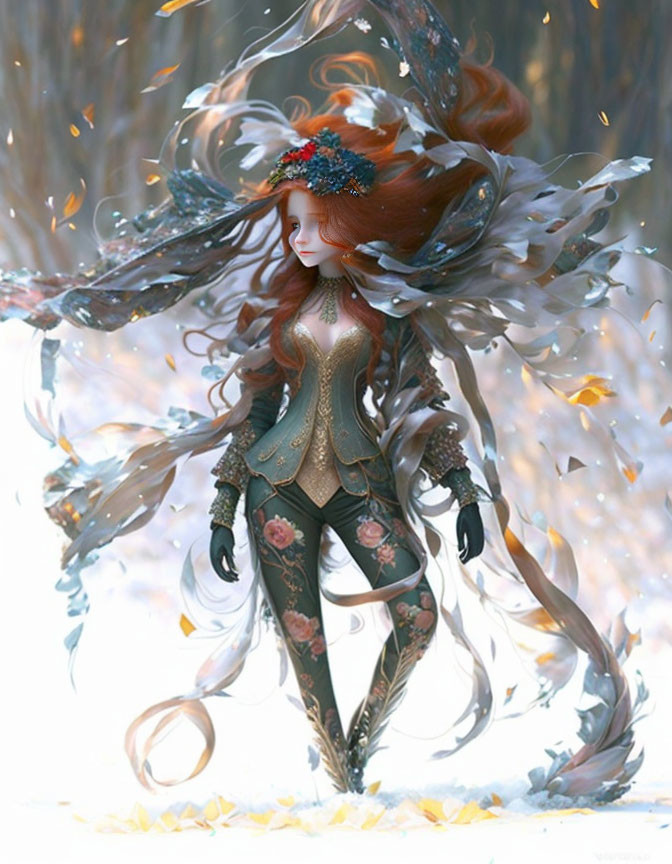 Ethereal woman with red hair in ornate armor amidst feathers and leaves