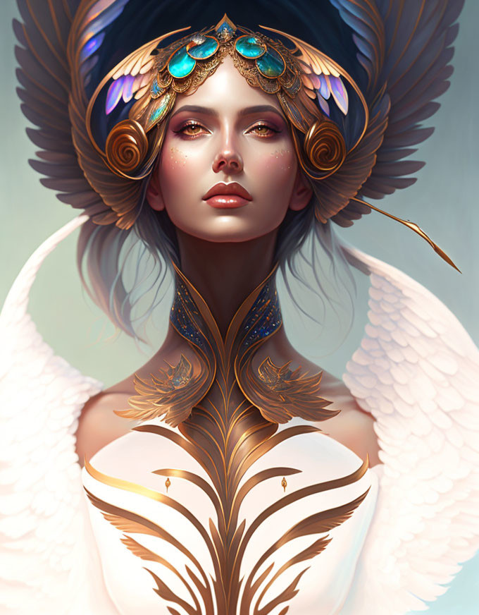 Fantasy woman with angelic wings and golden headpiece in feathered garments