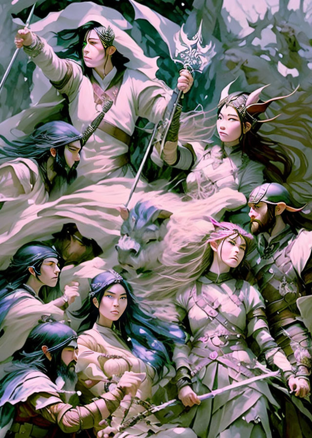 Group of fantasy warriors in armor with weapons in misty setting