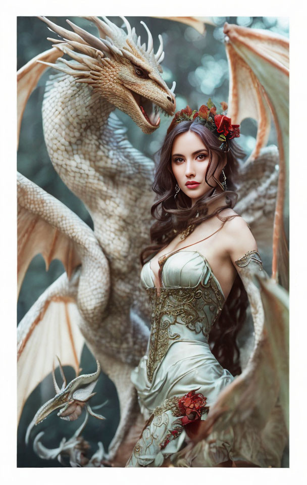 Fantasy woman in corseted gown with dragon companion