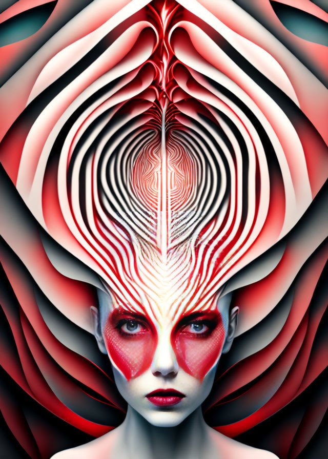 Symmetrical Abstract Art: Woman's Face Centered, Red & White Depth Illusion