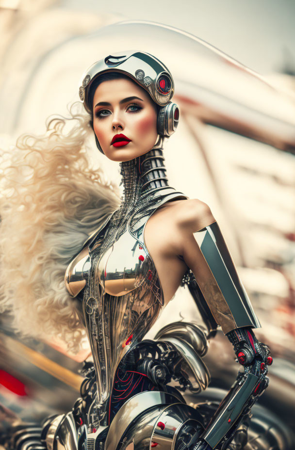 Futuristic female robot with metallic body and helmet against industrial backdrop