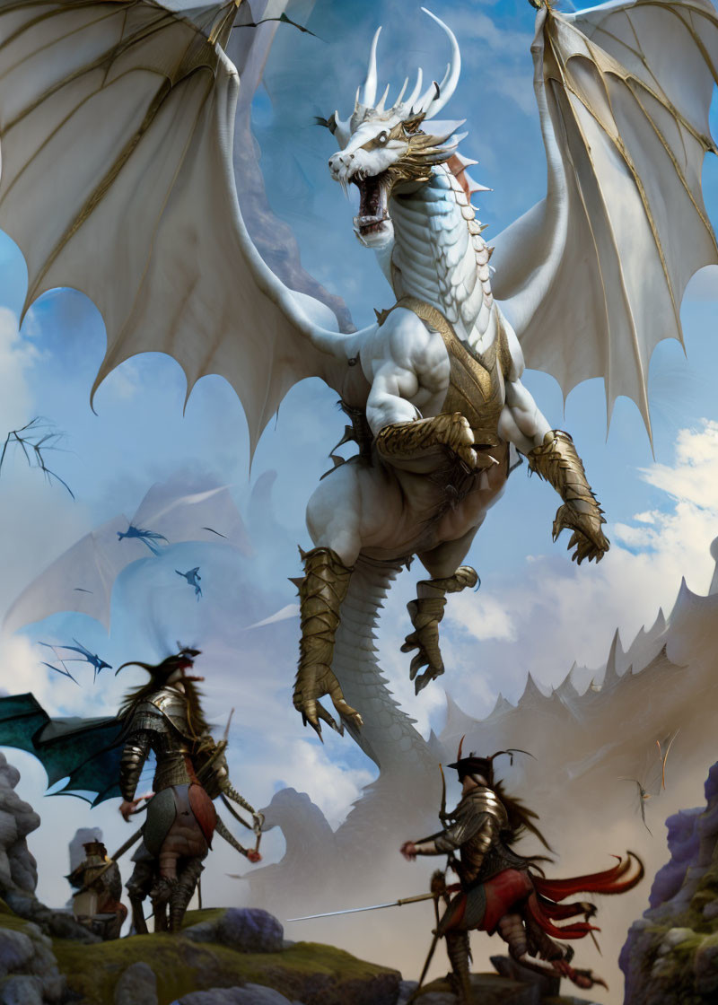 White Dragon Soars Among Clouds with Armored Figures and Flying Dragons