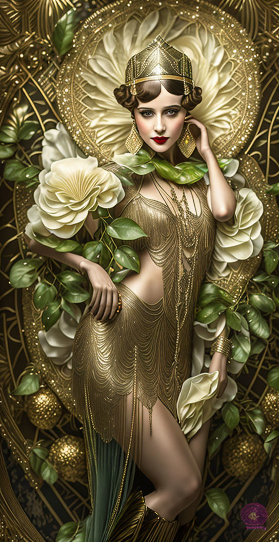 Ornate Art Deco Woman Illustration in Golden Dress