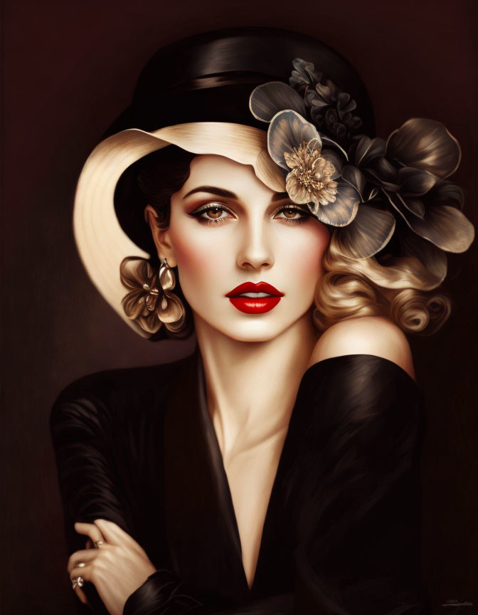 Vintage hat adorned with flowers on elegant lady with red lipstick