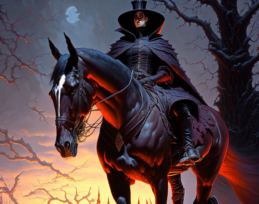 Mysterious figure on black horse under crescent moon at twilight