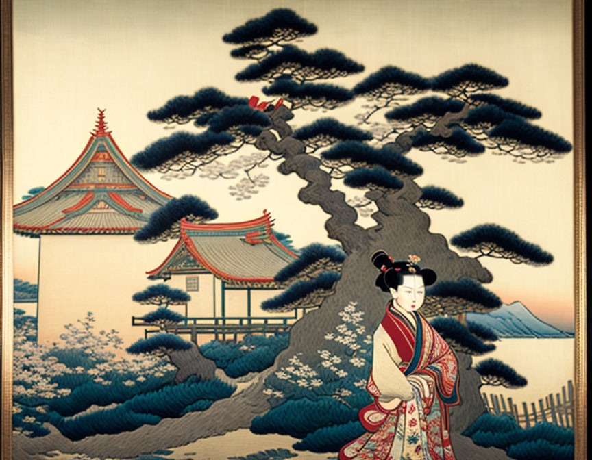 Japanese artwork: Woman in kimono, pine tree, pagoda buildings, mountain backdrop