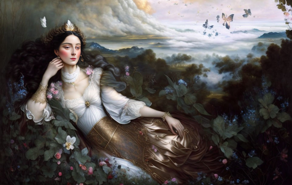 Woman with Crown Reclining in Ethereal Landscape with Flowers