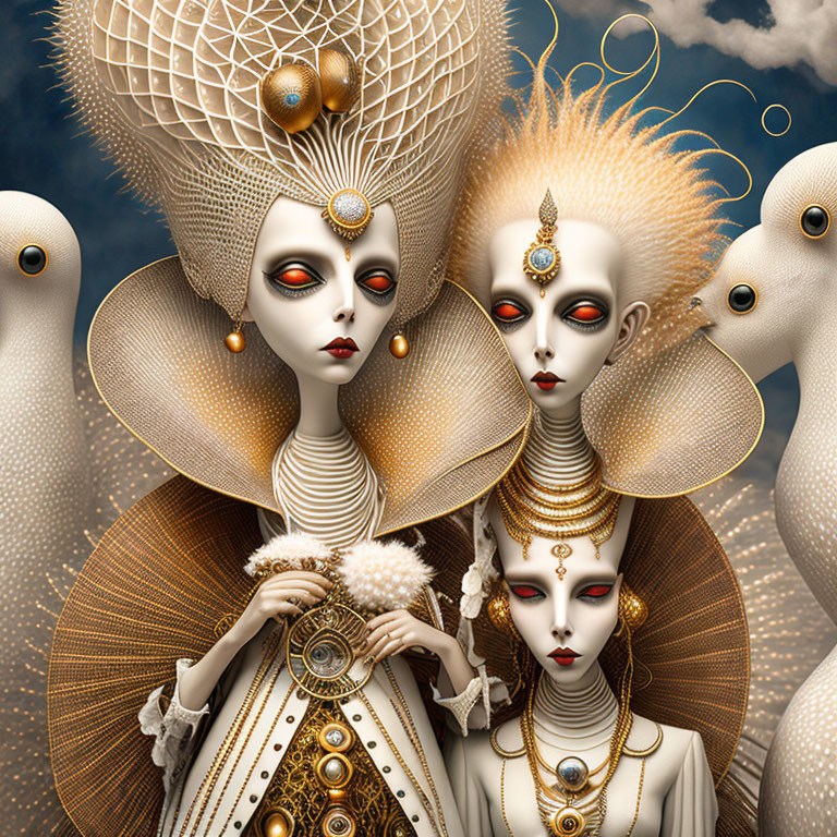 Regal figures in ornate golden attire against surreal backdrop