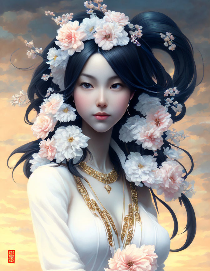 Illustrated woman with black hair, pink flowers, and golden jewelry at sunset