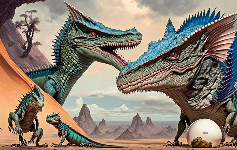 Vividly colored spiky dragons in desert with egg and hatchling