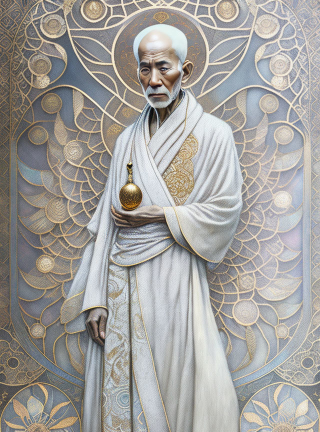 Elderly man in ornate robes with golden object on art nouveau-style background