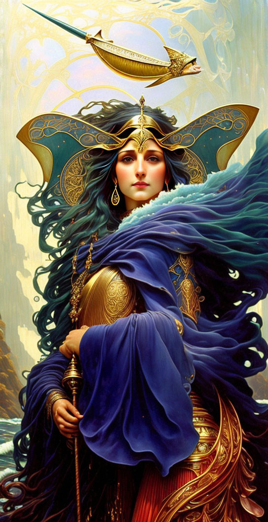 Regal woman fantasy illustration with golden crown and blue robes