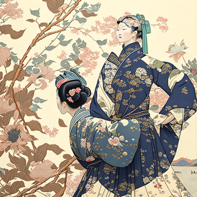 Two women in traditional Japanese kimonos with floral patterns against a backdrop of a tree with pink flowers