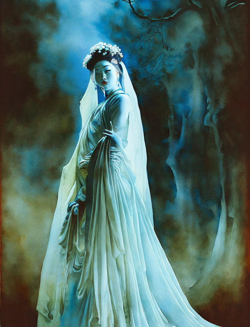 Traditional Asian Attire Woman in Misty Blue Setting