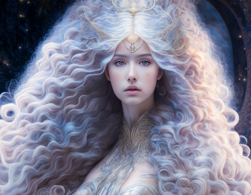 Fantasy illustration of a woman with curly white hair and golden armor