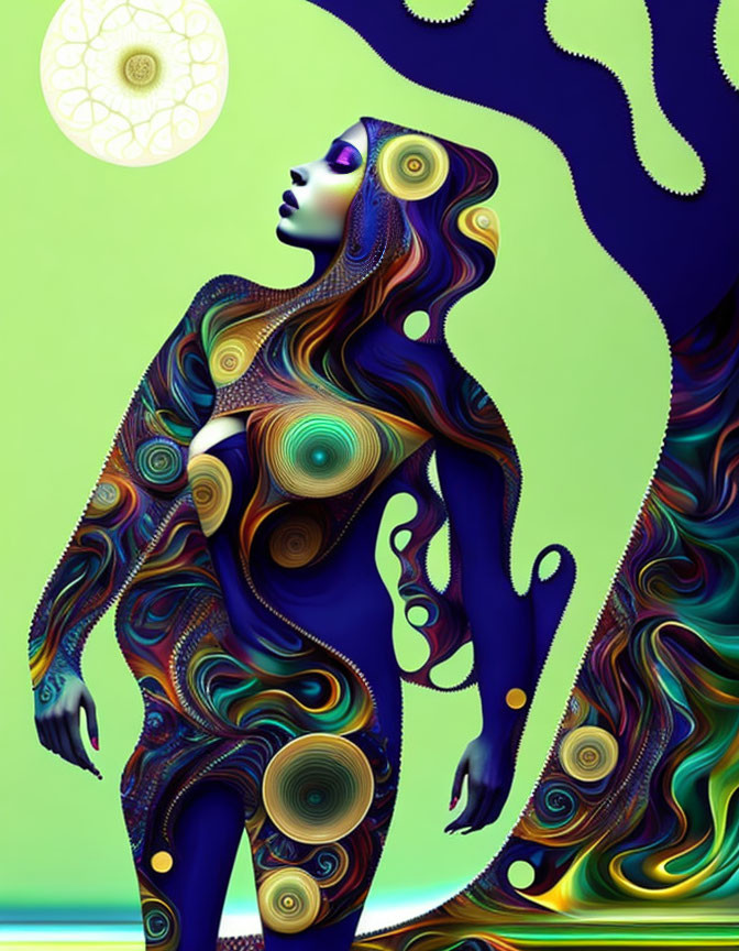 Colorful Psychedelic Digital Artwork Featuring Woman with Swirling Patterns