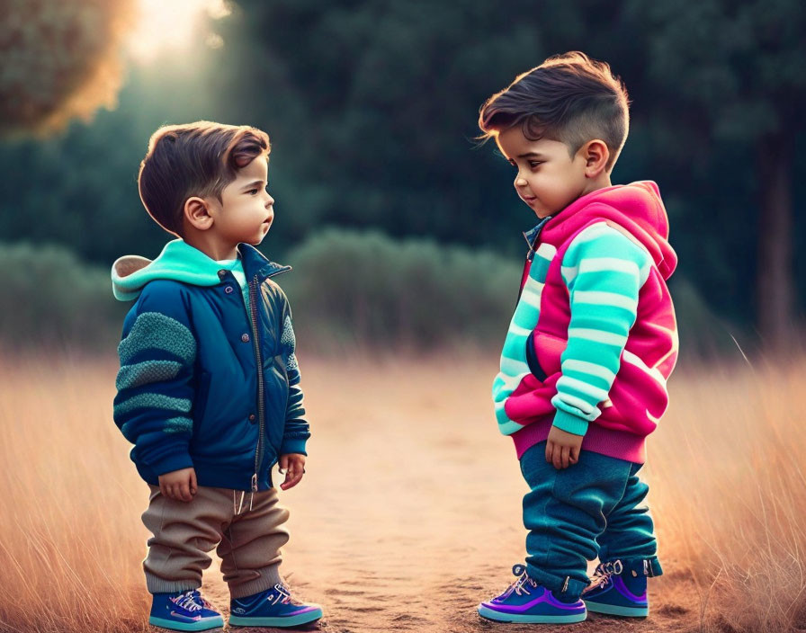 Children in colorful clothing standing in sunny outdoor setting