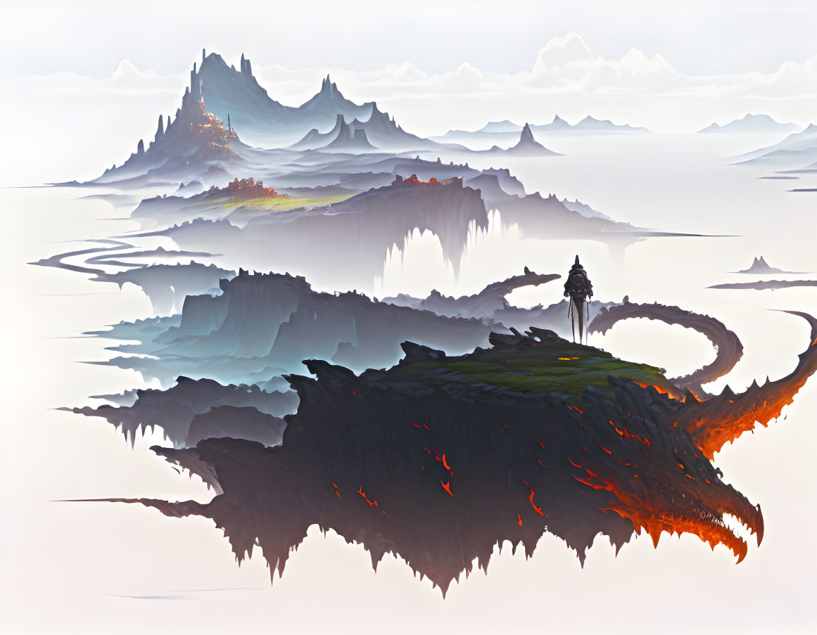 Fantasy landscape with floating islands, misty mountains, river, and solitary figure