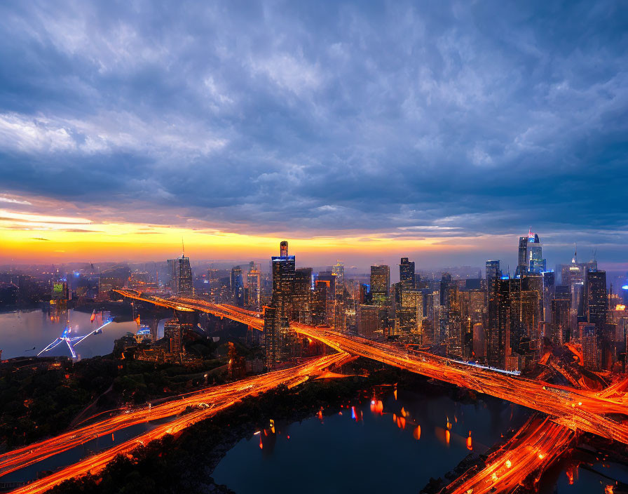 Vivid city sunset with illuminated skyscrapers over tranquil river