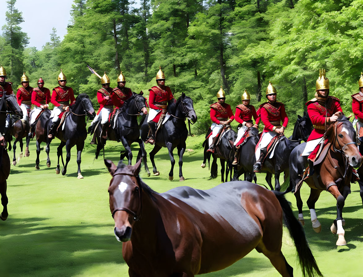 Parade of uniformed riders on horseback in lush green park