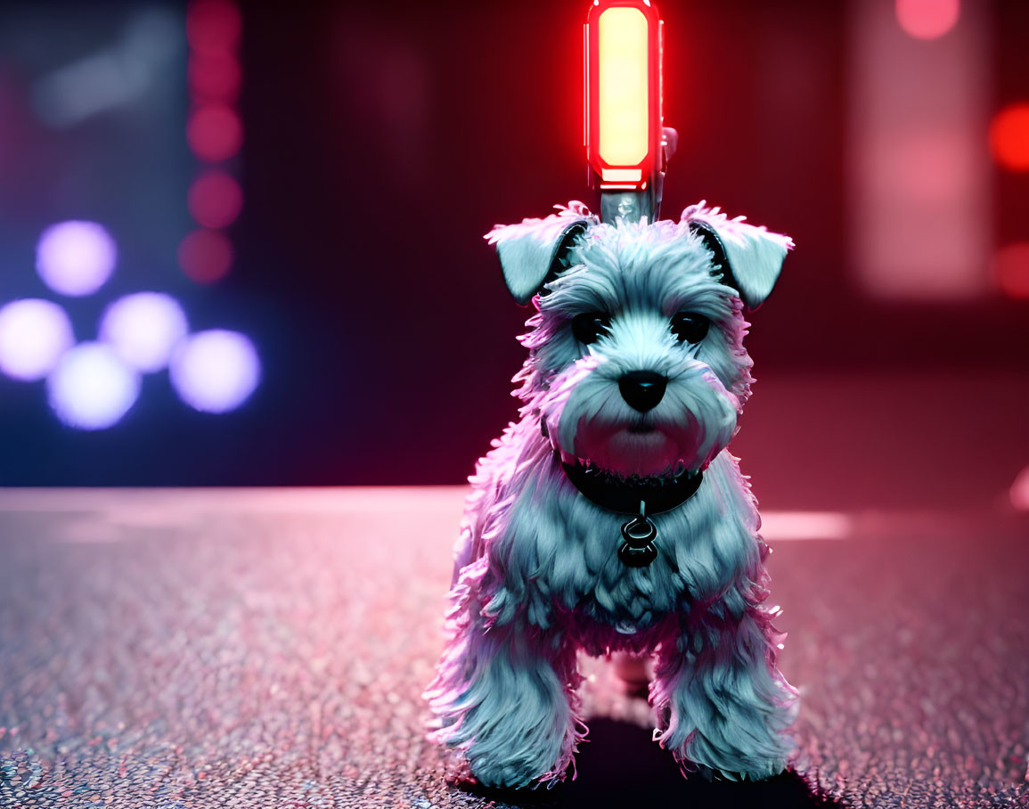 Fluffy toy dog with glowing red leash in futuristic setting