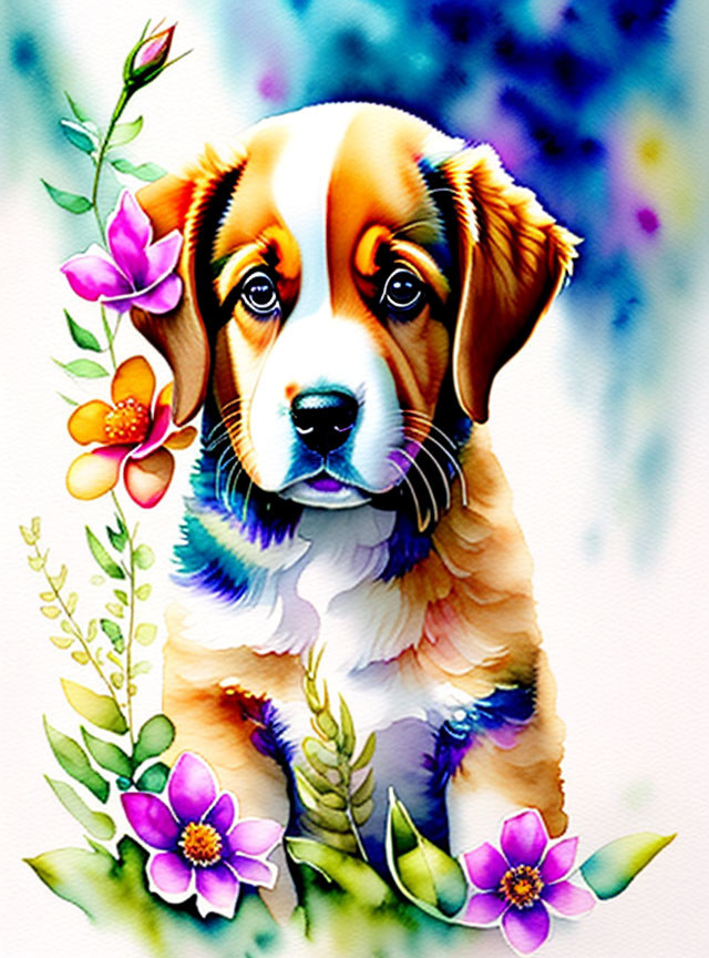 Vibrant Puppy and Flowers Illustration on Speckled Blue Background