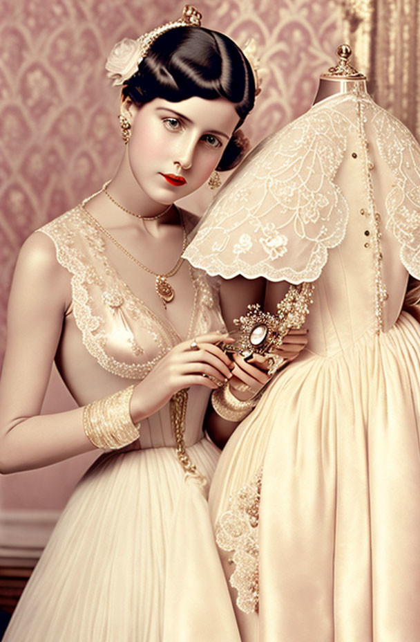 Vintage portrait of woman in lace dress with mannequin outfit