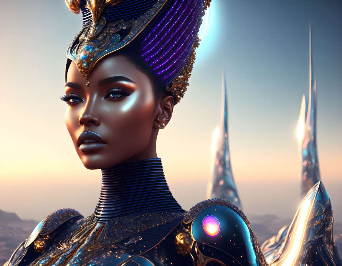 Futuristic African queen in gold and blue armor under twilight sky