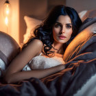 Luxurious Bedding Woman with Intense Gaze in Candlelight