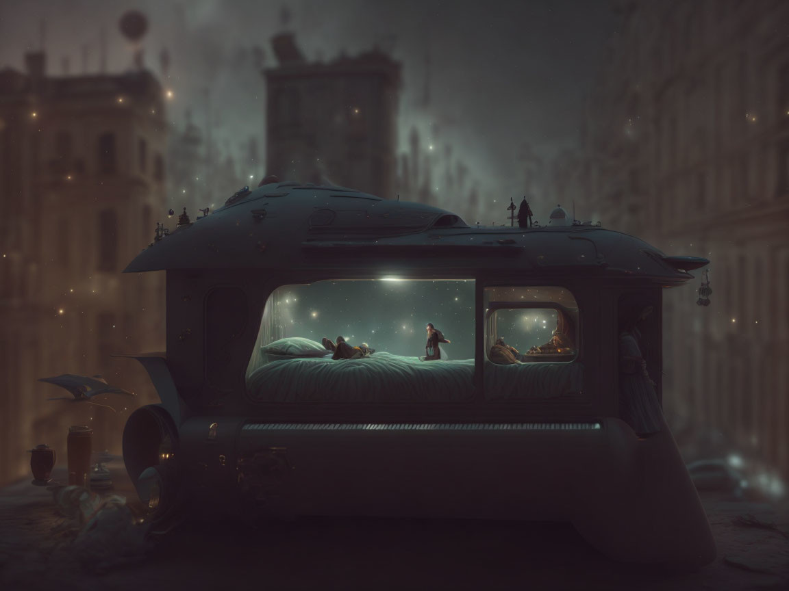 Repurposed old-fashioned vehicle transformed into cozy bedroom under starry night projection