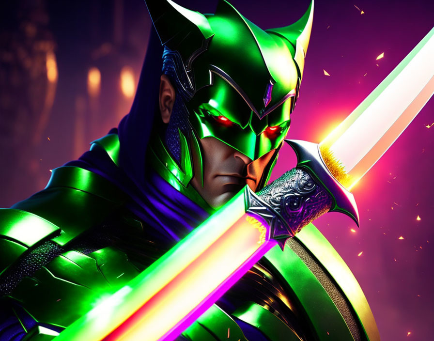 Character in Green Armor Wielding Glowing Sword on Dramatic Background