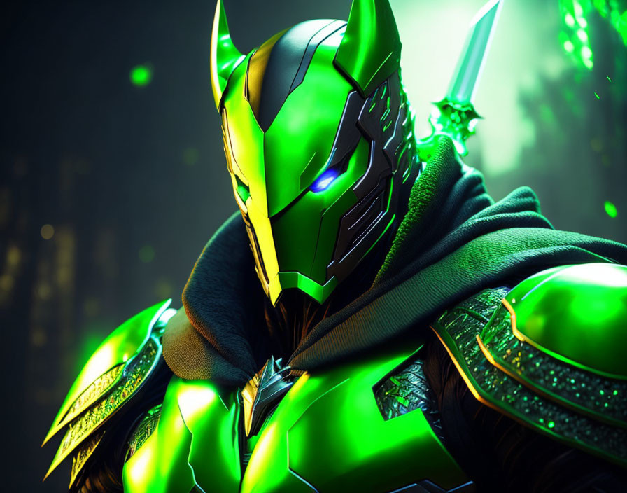 Character in Green and Gold Armor with Glowing Eyes in Digital Artwork