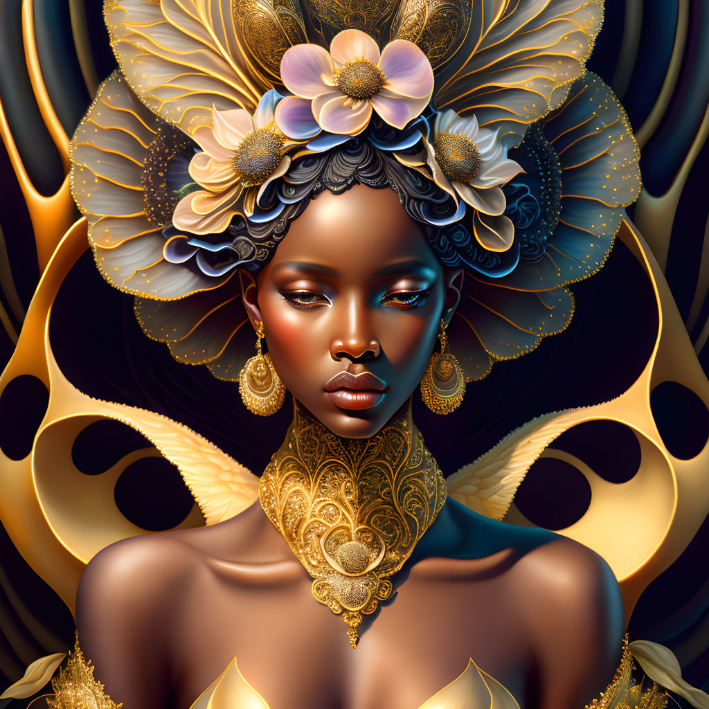 Digital artwork: Woman with golden headgear and butterfly motifs on dark background