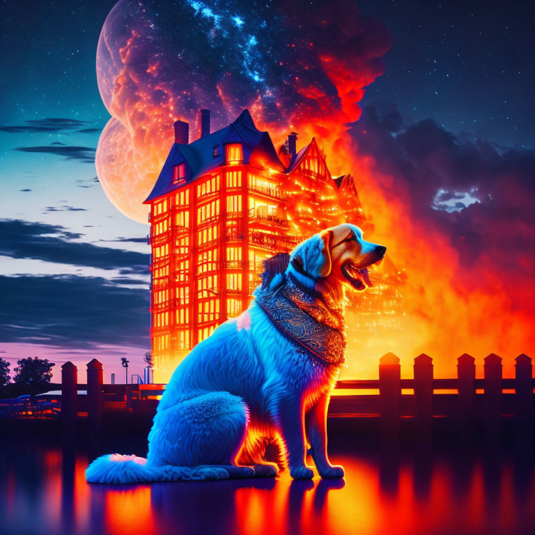 Golden retriever on glowing surface under cosmic sky with large moon and luminous building.