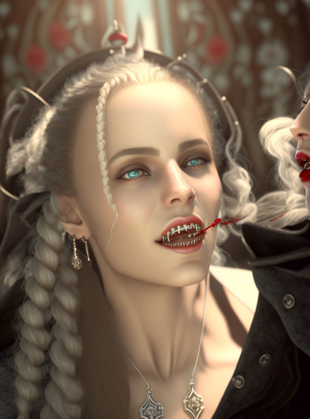 Close-up of fantasy characters with braided hair and unique facial features