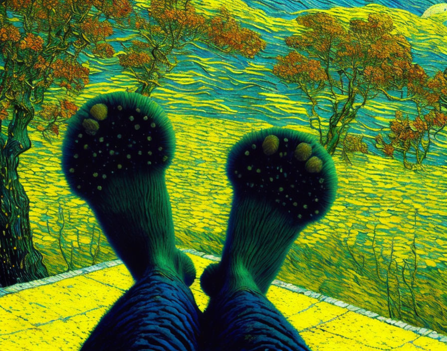 Surreal illustration of green furry feet on yellow path in orange tree landscape