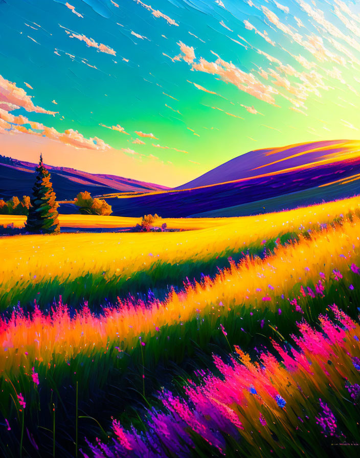 Colorful meadow digital artwork: pink and yellow flowers, sunset sky.