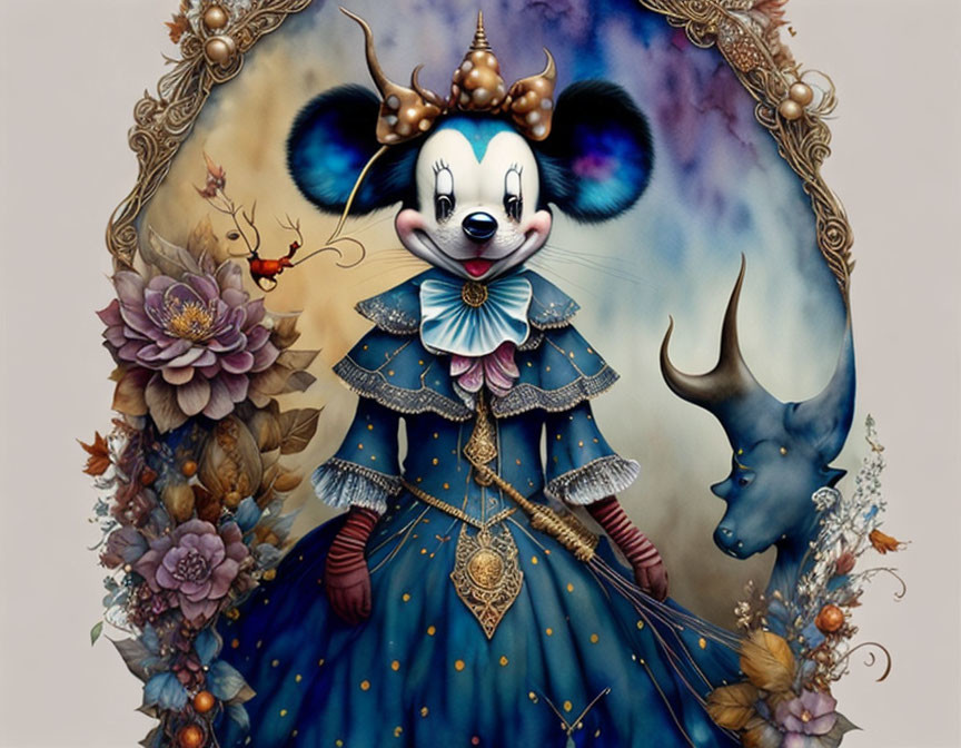 Illustration of Minnie Mouse in Blue and Gold Costume with Decorative Frame