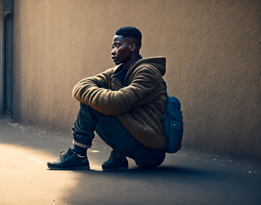 Young person in bulky sweater and sneakers squatting against wall in thoughtful pose with soft lighting.