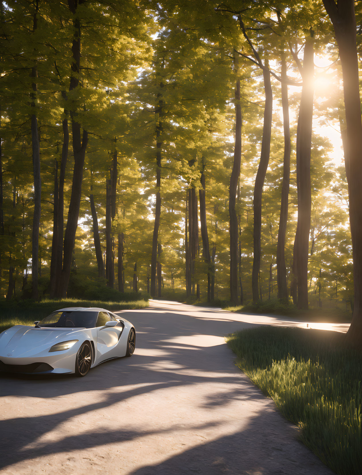 White sports car parked on serene forest road at sunset