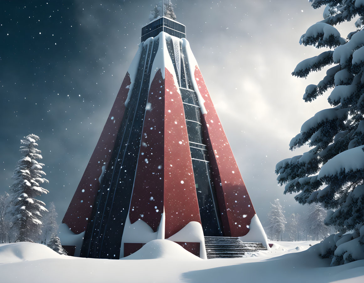 Futuristic tower with red accents in snowy pine tree landscape