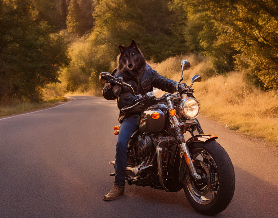 Motorcyclist with Dog's Head in Forest Setting