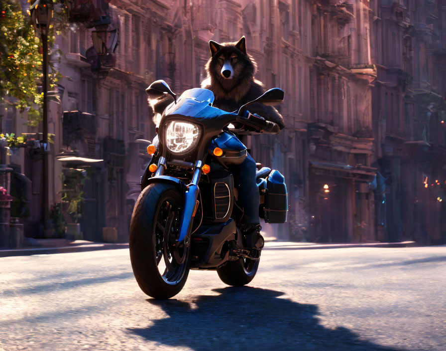 3D-animated dog with sunglasses on blue motorcycle in sunny city street