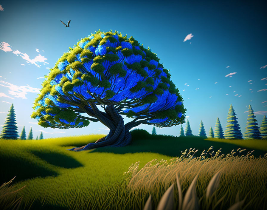 Digital art: Vibrant tree with blue foliage on grassy hill