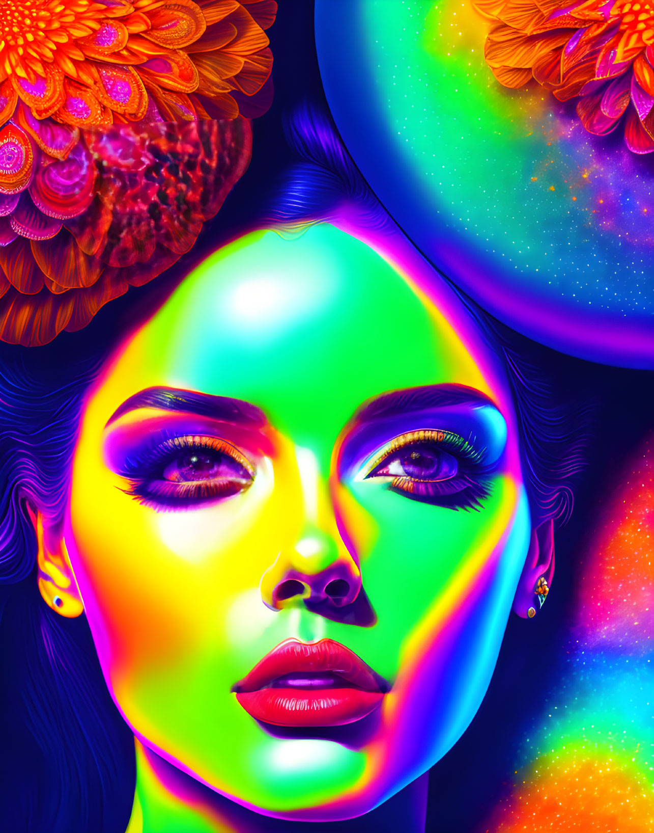 Colorful portrait of a woman with neon skin tones and vibrant makeup, surrounded by orange flowers and psychedelic