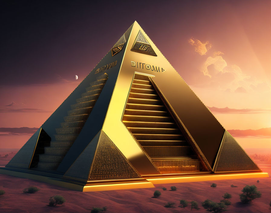 Golden pyramid with illuminated steps and hieroglyphics in desert at sunset.