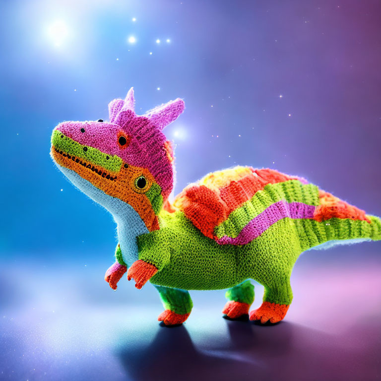 Colorful Knitted Toy Dinosaur on Purple and Blue Bokeh Background