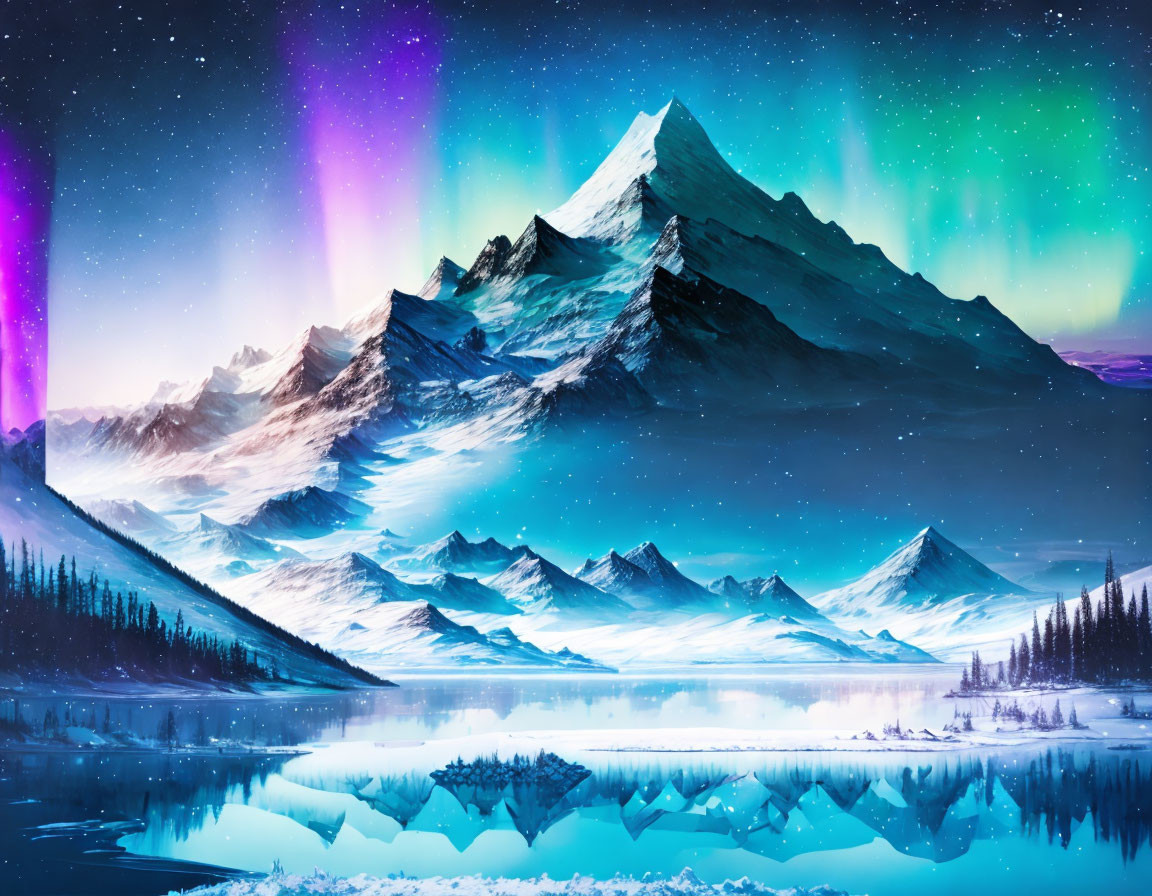 Snow-covered mountain under vibrant aurora-lit sky reflected in tranquil lake